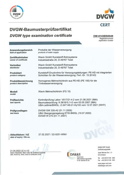 DVGW Baumusterprüfzertifikat Wavin Mehrschichtrohr