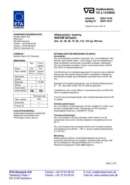 Godkendelse - No. VA 2.14/20662 – Wavin SiTech+