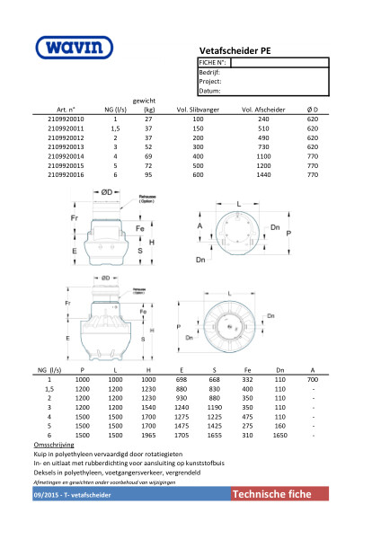 Technische fiche Vetafscheiders PE / Fiche technique Séparateur à graisse PE