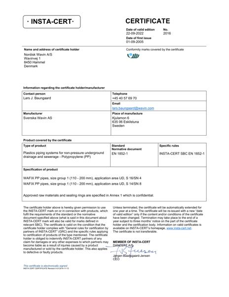 INSTA-CERT 2016 - Plastics piping systems for non-pressure underground drainage and sewerage - Polypropylene (PP)