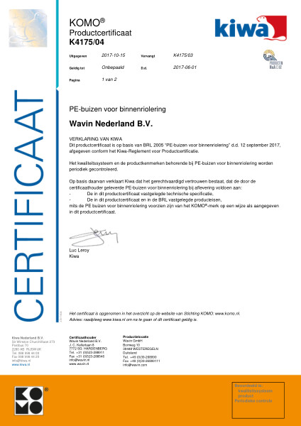 Certificaat KOMO K4175/04 PE-buizen voor binnenriolering