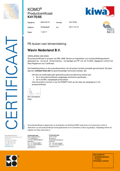 Certificaat KOMO K4175/05 PE-buizen voor binnenriolering