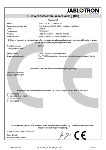 Overensstemmelseserklæring - Sentio digital bus room thermostat RT-210