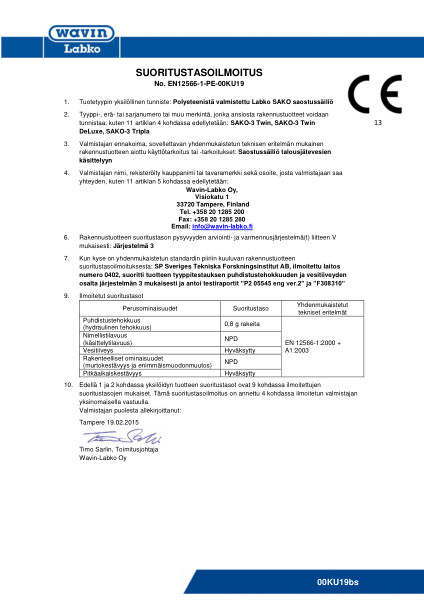 Suoritustasoilmoitus (DoP) - No. EN12566-1-PE-00KU19 - SAKO-3