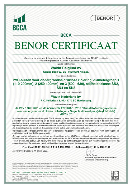 Certificaat BENOR PVC EN1401 PVC-buizen voor ondergrondse drukloze riolering, diametergroep 1, 2, 3 - Geldig tot 28.11.2028