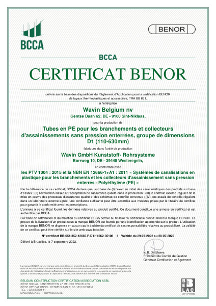 Certificat BENOR PE EN 12666 Tubes en PE pour les branchements et collecteurs d'assainissements sans pression enterrées, D1 Westeregeln - Valable au 28.07.2025