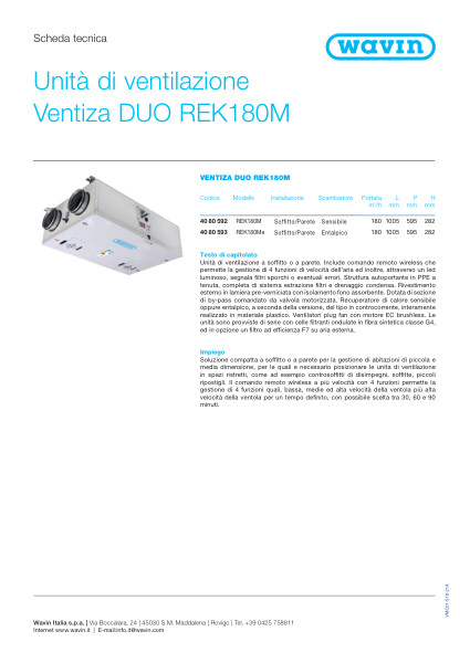 Scheda tecnica Unità di ventilazione Ventiza DUO REK180M