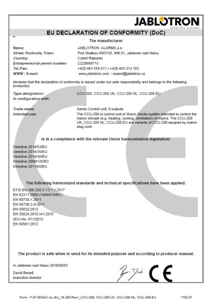 Declaration of conformity - Sentio control unit 8 outputs CU 208, CCU 208 UK, CCU 208 NL, CCU 208 EU