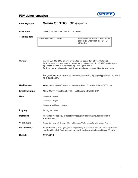 Wavin FDV Sentio LCD-skjerm