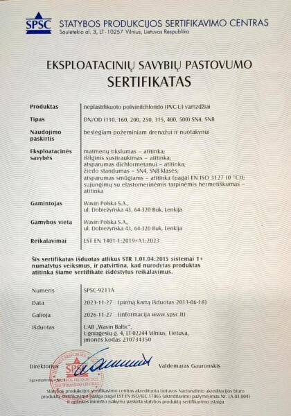 PVC-U beslėgiai lauko kanalizacijos vamzdžiai DN 110-500 mm SPSC-9211A