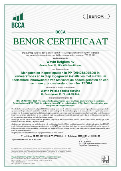 Certificaat BENOR PP EN 13598-2 TEGRA 425/600/800 Buk - Geldig tot 30.04.2026