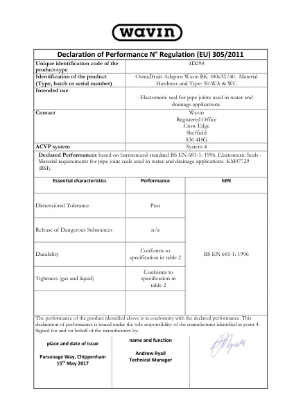 4D298 Adaptor Declaration of Performance