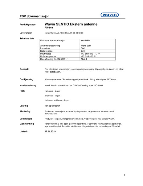 Wavin FDV Sentio ekstern antenne