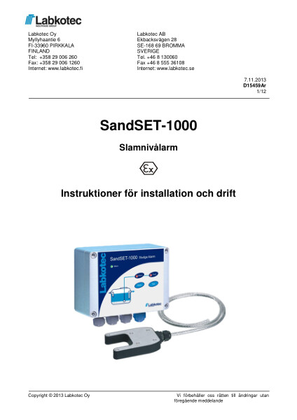 Slamnivålarm SandSET-1000 Installationsanvisning