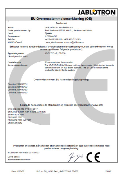 Overensstemmelseserklæring - Sentio Wireless outdoor thermometer JB-EXT-TH-R, ET-250