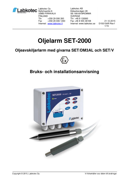 Nivålarm Oljelarm SET-2000 dämning  Installationsanvisning