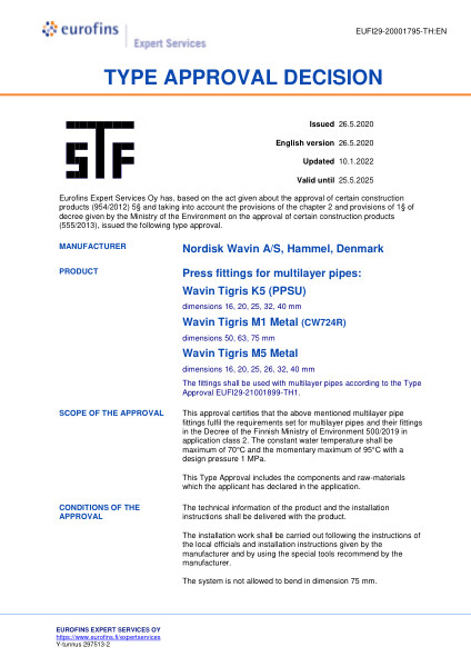 Sertifikaatit – No. EUFI29-20001795-TH (EN) – Press fittings - Wavin Tigris K5 (PPSU), M1 Metal (CW742R) & M5 Metal