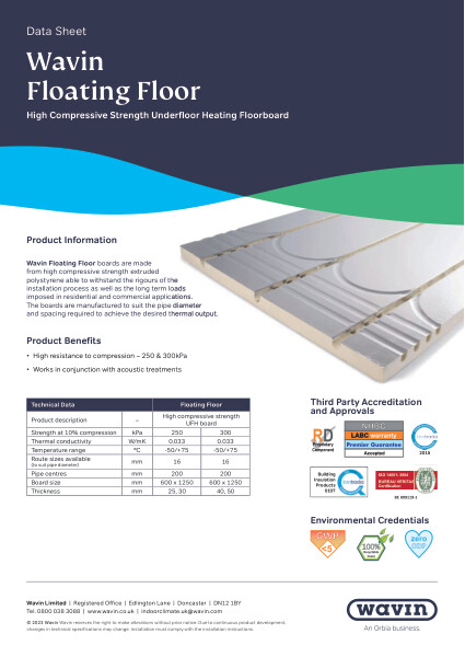 Wavin Comfia Floating Floor Panel Data Sheet