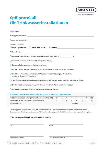 Wavin Spülprotokoll für Trinkwasserinstallationen