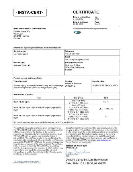 Godkendelse - No. 2066 - PE80 og PE100 trykrør