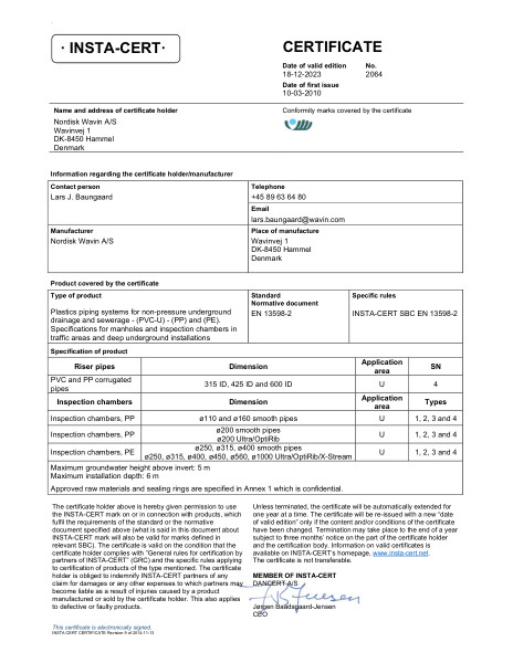 Godkendelse - No. 2064 - PP og PVC korrugerede opføringer, inspektionsbrønde i PP og PE