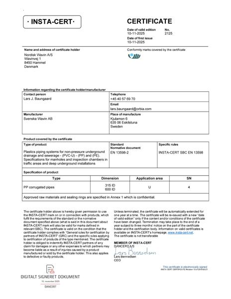 Godkendelse - No. 2125 - INSTA-CERT - PP corrugated pipes