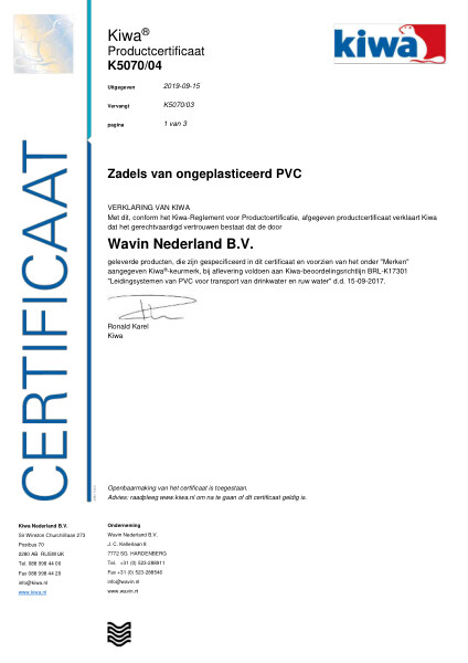 Certificaat Kiwa-ATA K5070/04 Zadels van ongeplasticeerd PVC