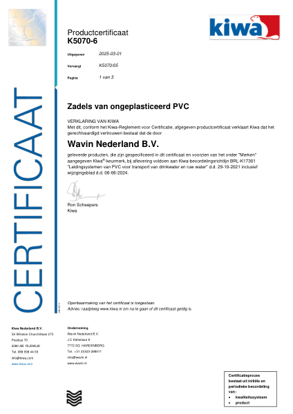 Certificaat Kiwa-ATA K5070-6 Zadels van ongeplasticeerd PVC