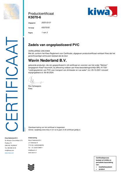 Certificaat Kiwa-ATA K5070-6 Zadels van ongeplasticeerd PVC