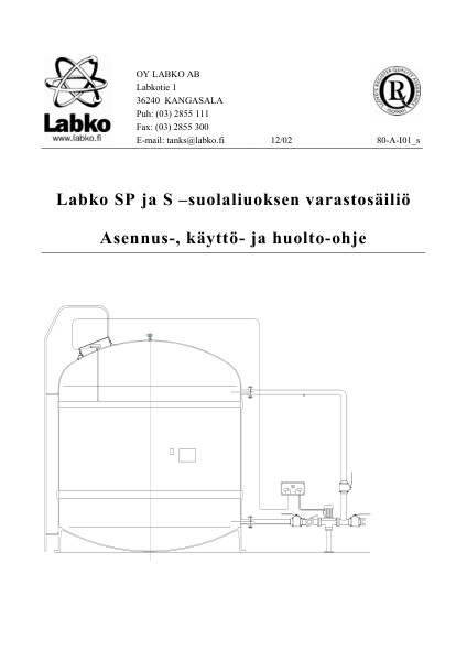 Asennus-, käyttö- ja huolto-ohje suolaliuoksen varastosäiliö