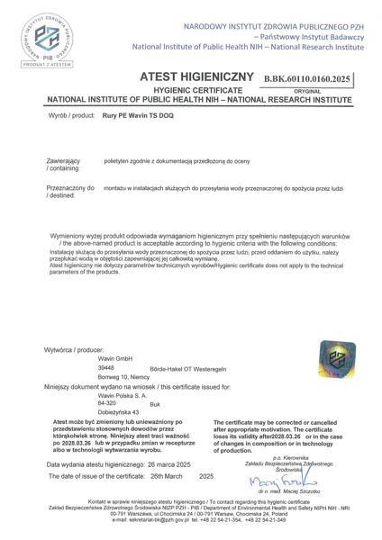 Atest PZH B.BK.60110.0160.2025  Rury polietylenowe Wavin TS
