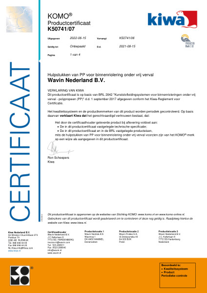 Certificaat KOMO K50741/07 Hulpstukken van PP voor binnenriolering onder vrij verval