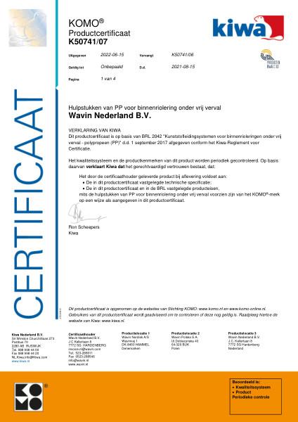 Certificaat KOMO K50741/07 Hulpstukken van PP voor binnenriolering onder vrij verval