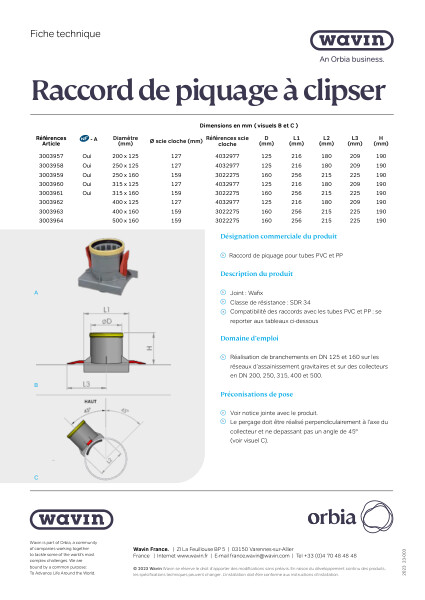 Fiche technique - Raccord de piquage à clipser