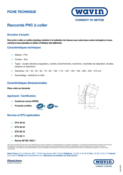 Fiche technique - Raccords PVC à coller