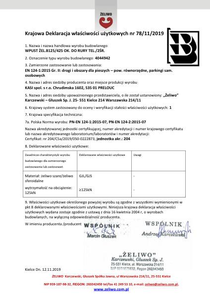 KDWU 78/11/2019- 4044942 Wpust żeliwny B125/425 okrągły do rury teleskop.