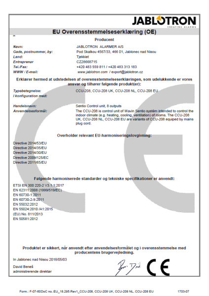 Overensstemmelseserklæring - Sentio control unit 8 outputs CU 208, CCU 208 UK, CCU 208 NL, CCU 208 EU