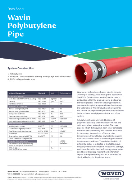 Wavin IE UFH Polybutylene Pipe Data Sheet