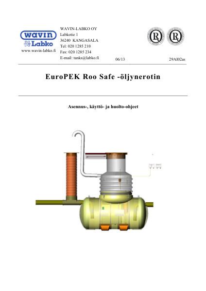 Asennus-, käyttö- ja huolto-ohje - EuroPEK Roo Safe öljynerotin 