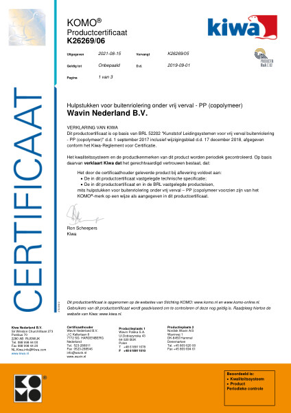 Certificaat KOMO K26269/06 Hulpstukken voor vrij verval buitenriolering - PP (copolymeer)