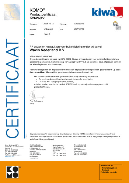 Certificaat KOMO K26269/07 PP buizen en hulpstukken voor buitenriolering onder vrij verval