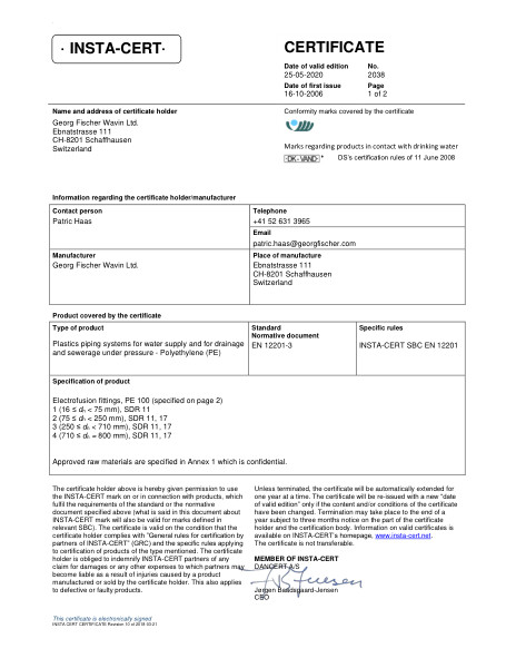 Godkendelse - No. 2038 - PE100 elektrofittings