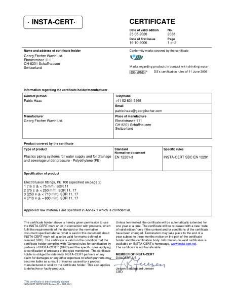 Godkendelse - No. 2038 - PE100 elektrofittings
