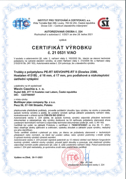 Certifikát PERT/EVOH/PERT – vytápění 