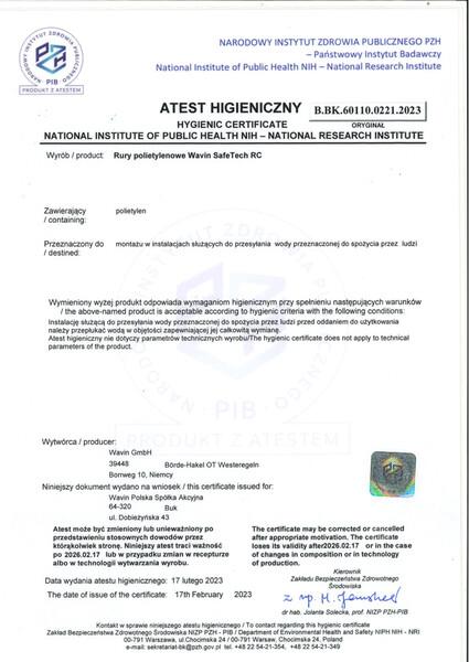 Atest PZH B.BK.60110.0221.2023 Rury polietylenowe SafeTech RC