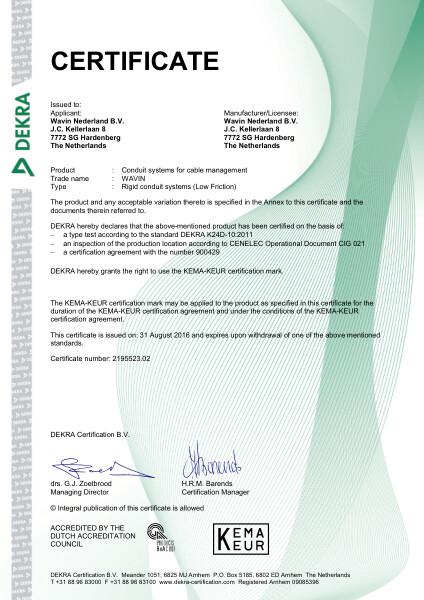 Certificaat KEMA-KEUR 2195523.02 PVC Low Friction elektrobuizen 5/8" en 3/4"