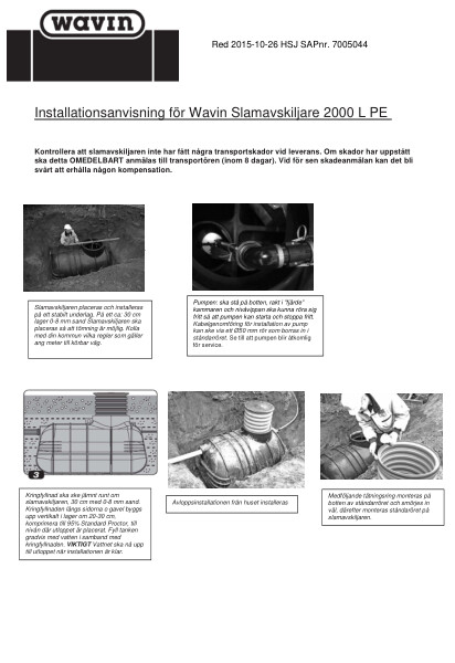 Installation,drift o skötsel Slamavskiljare 2000 l PE