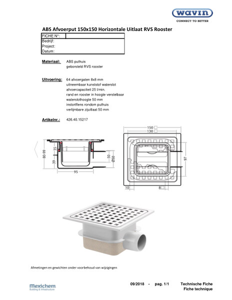 ABS Afvoerput 150x150 Horizontale uitlaat RVS rooster