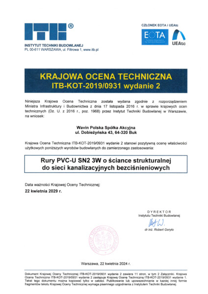 ITB-KOT-2019-0931 wyd. 2,  Rury PVC-U SN2 3W o ściance strukturalnej do sieci kanalizacyjnych bezciśnieniowych