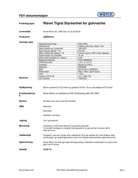 FDV Wavin AHC9000 Styreenhet